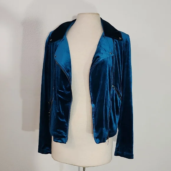 Badgley Mischka Jacket Velvet Chic Moto Turquoise Size S - Picture 4 of 16